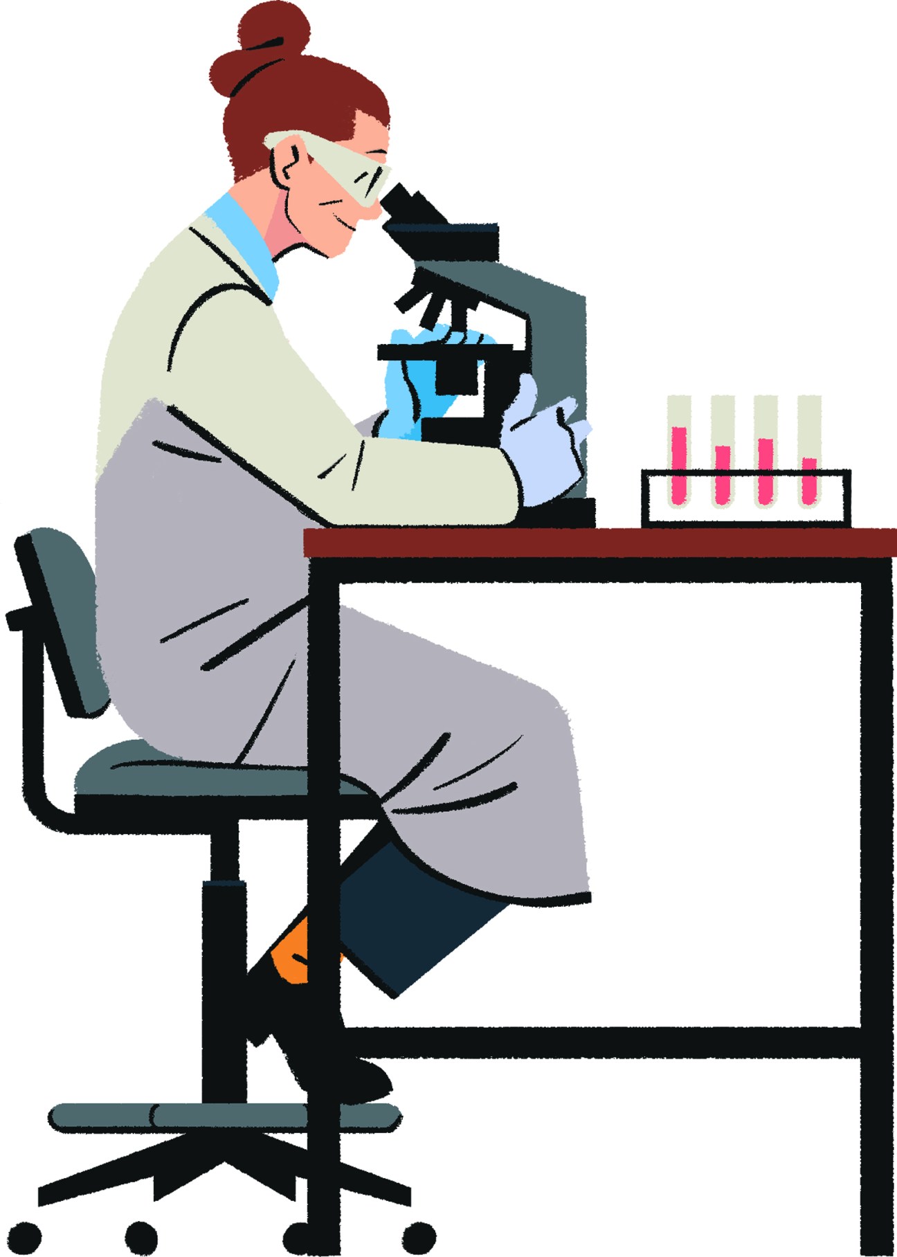 Female scientist in lab coat examining samples through microscope with test tubes on desk