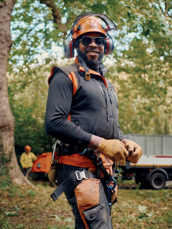 Tree surgeon wearing orange safety helmet, hearing protection, sunglasses and harness standing among trees