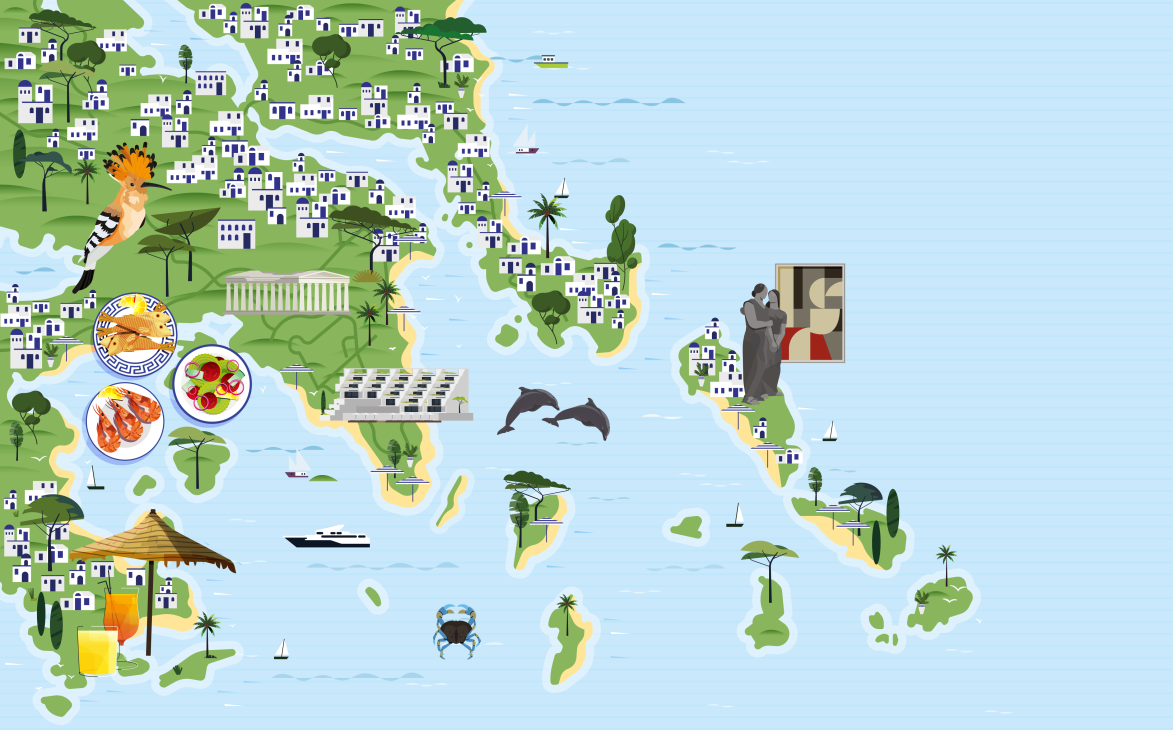 Illustrated map of Greek islands showing white buildings, food icons, boats, dolphins, and cultural landmarks