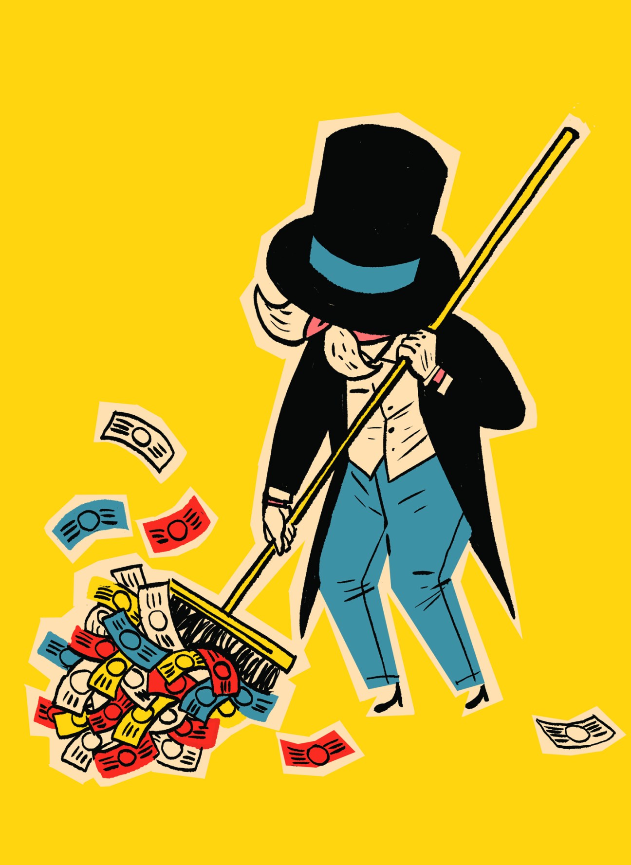 Illustrated character in black coat and blue hat sweeping up colorful Monopoly money with a broom on yellow background.