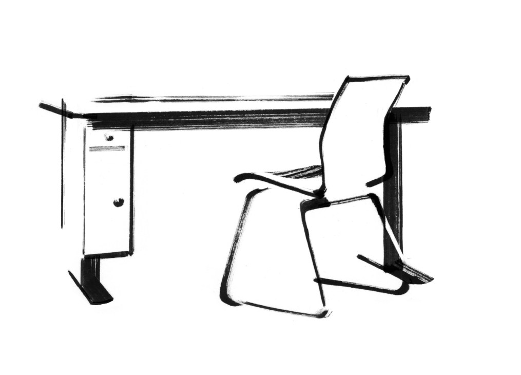 Sketch of HiLow table by Montana with Panton One chair in seated position.