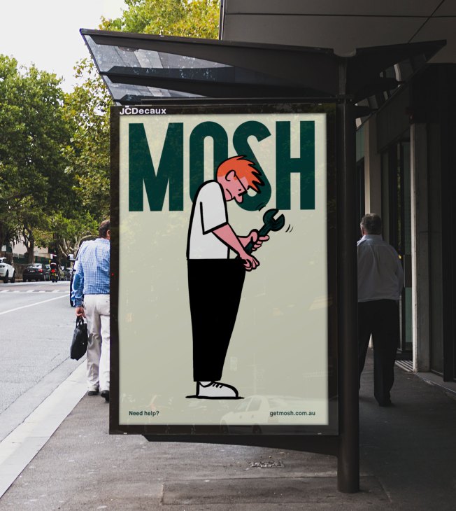 Bus shelter advertisement for MOSH showing illustrated figure with red hair holding a microphone, with "Need help?" text below