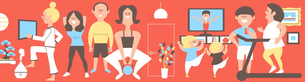 A person doing yoga at home with laptop showing virtual class