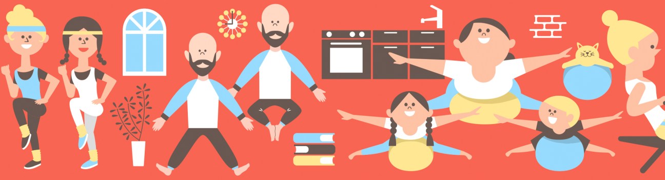 Illustration of diverse people exercising at home with various fitness equipment and activities.