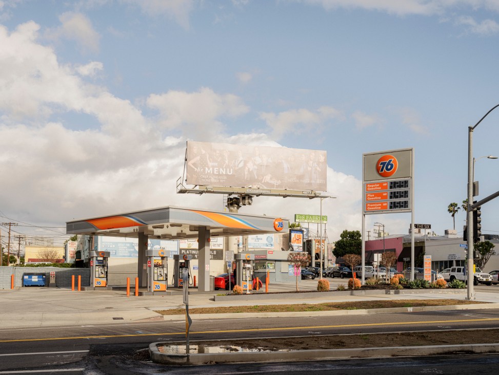76 gas station with price display showing fuel costs in Los Angeles
