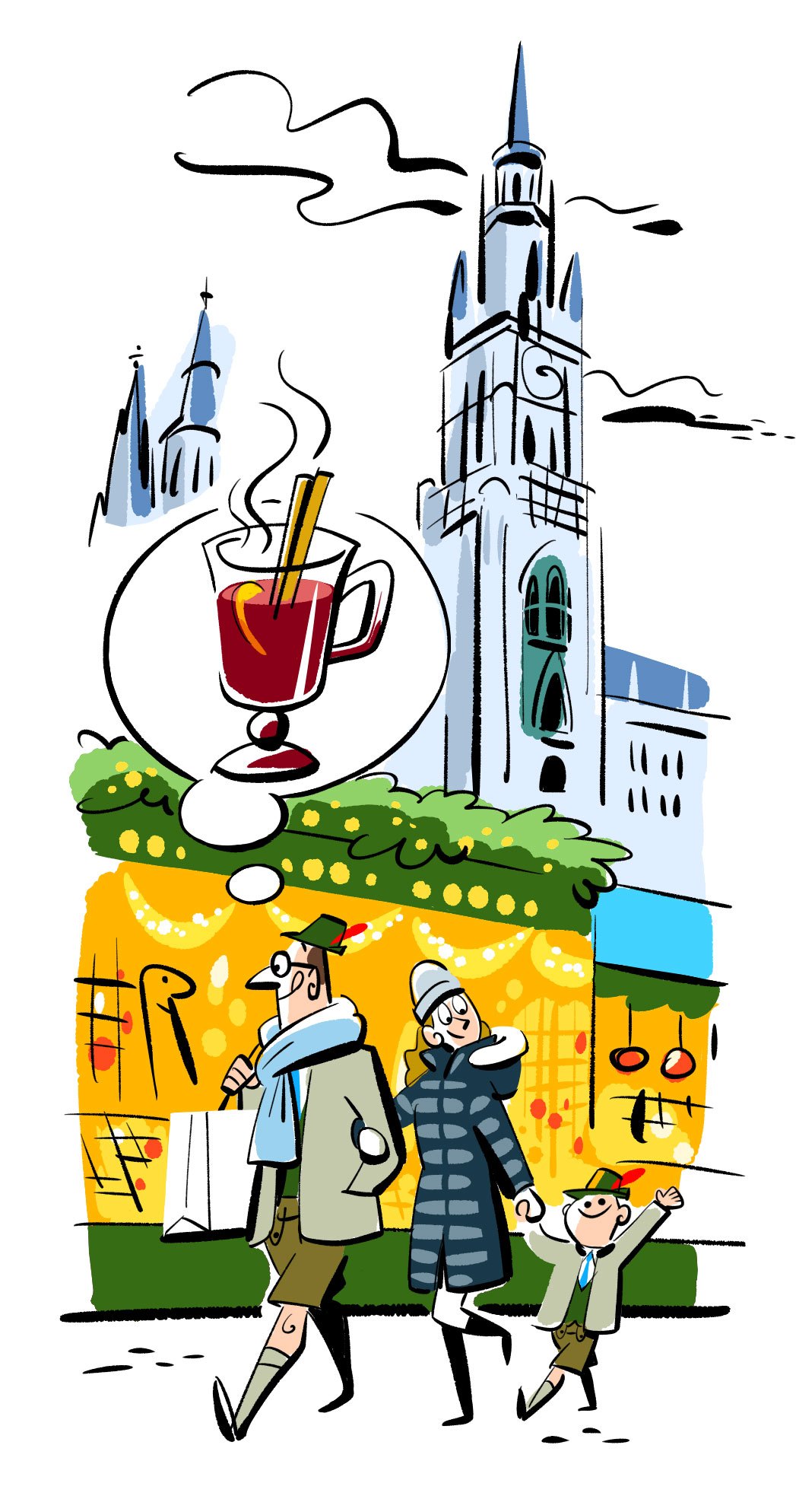 Illustrated Christmas scene with family walking past mulled wine stand and Gothic church towers in Munich