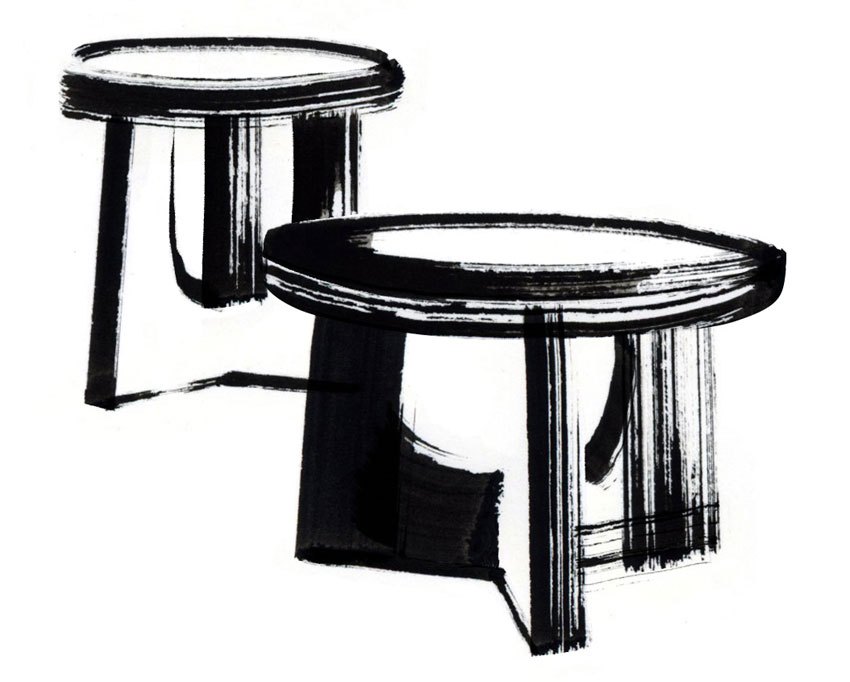 Black ink sketch illustration of two round side tables with cylindrical pedestals