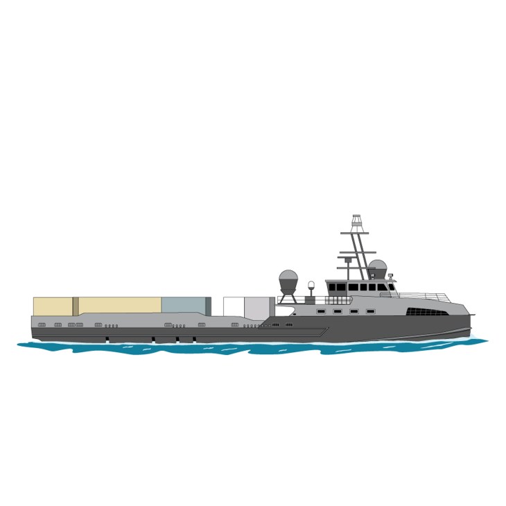 Illustration of an unmanned military vessel with radar equipment and bridge structures.