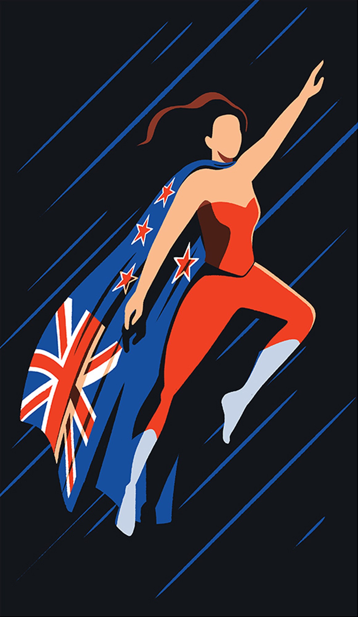 Stylized illustration of a female figure in red outfit with New Zealand flag cape in superhero pose