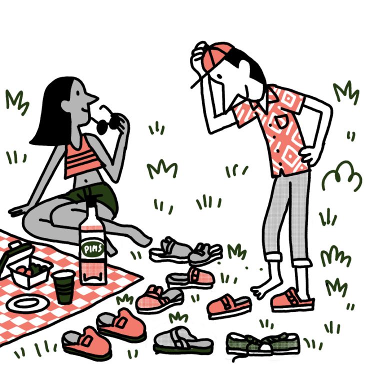 Illustration of couple having picnic with various sandals and shoes scattered around on grass