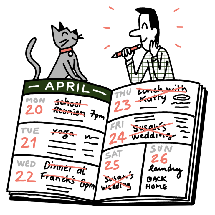 Illustration of a woman and cat looking at an April calendar with crossed-out social events.
