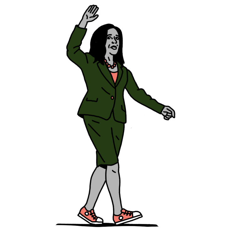 Illustration of a woman in a green suit waving, wearing red sneakers