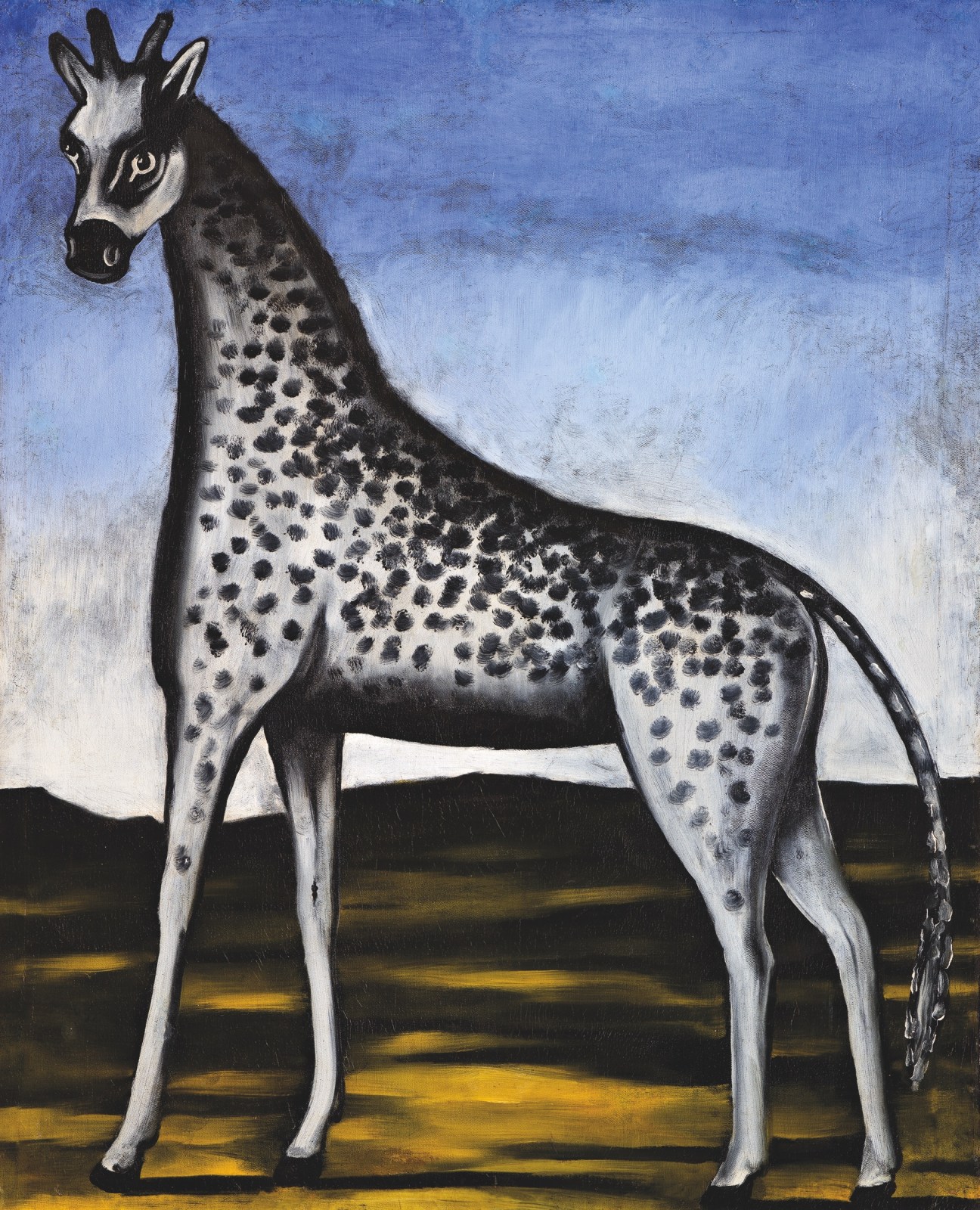 A spotted giraffe with white and black markings against a blue sky and golden-yellow ground by Georgian artist Niko Pirosmani.