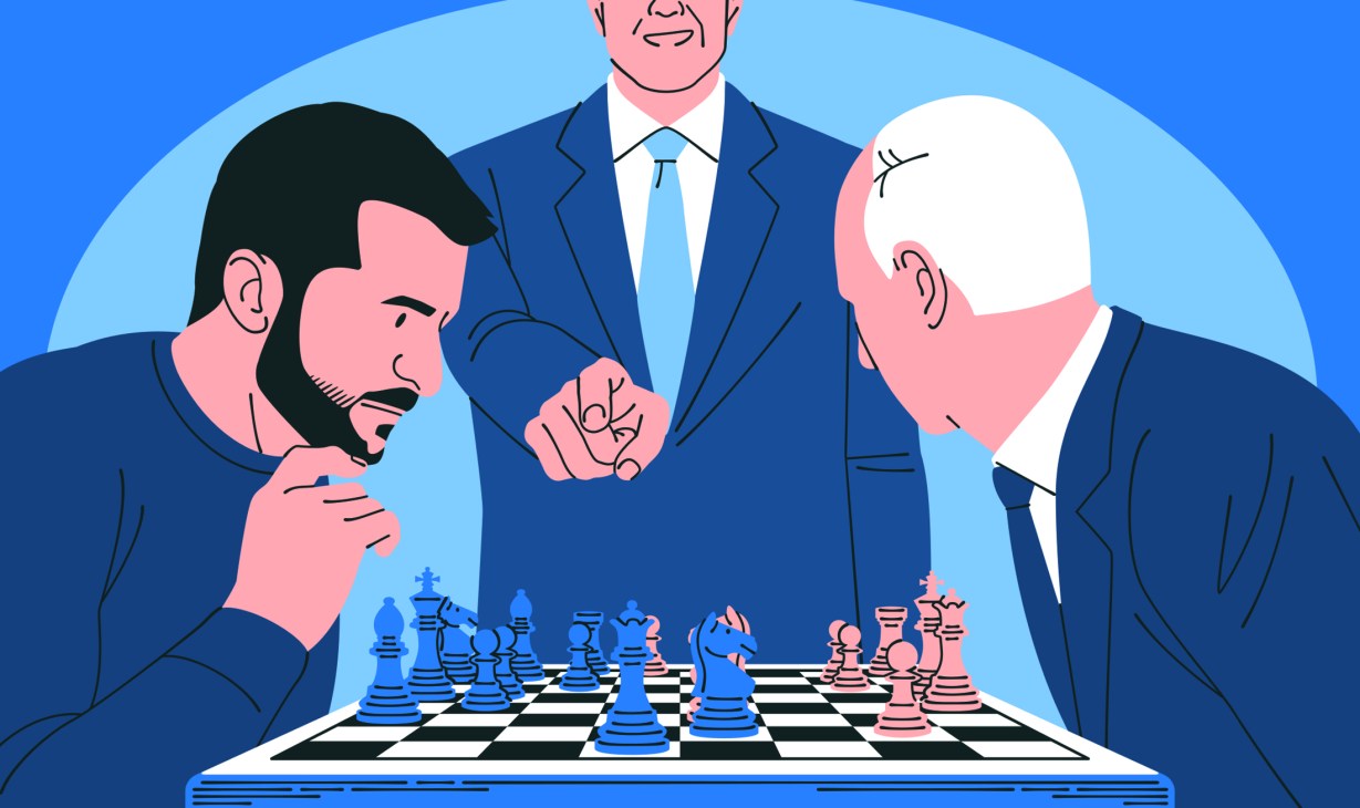 Illustration of three men in business suits playing chess with blue and pink pieces, symbolizing geopolitical strategy and power dynamics.