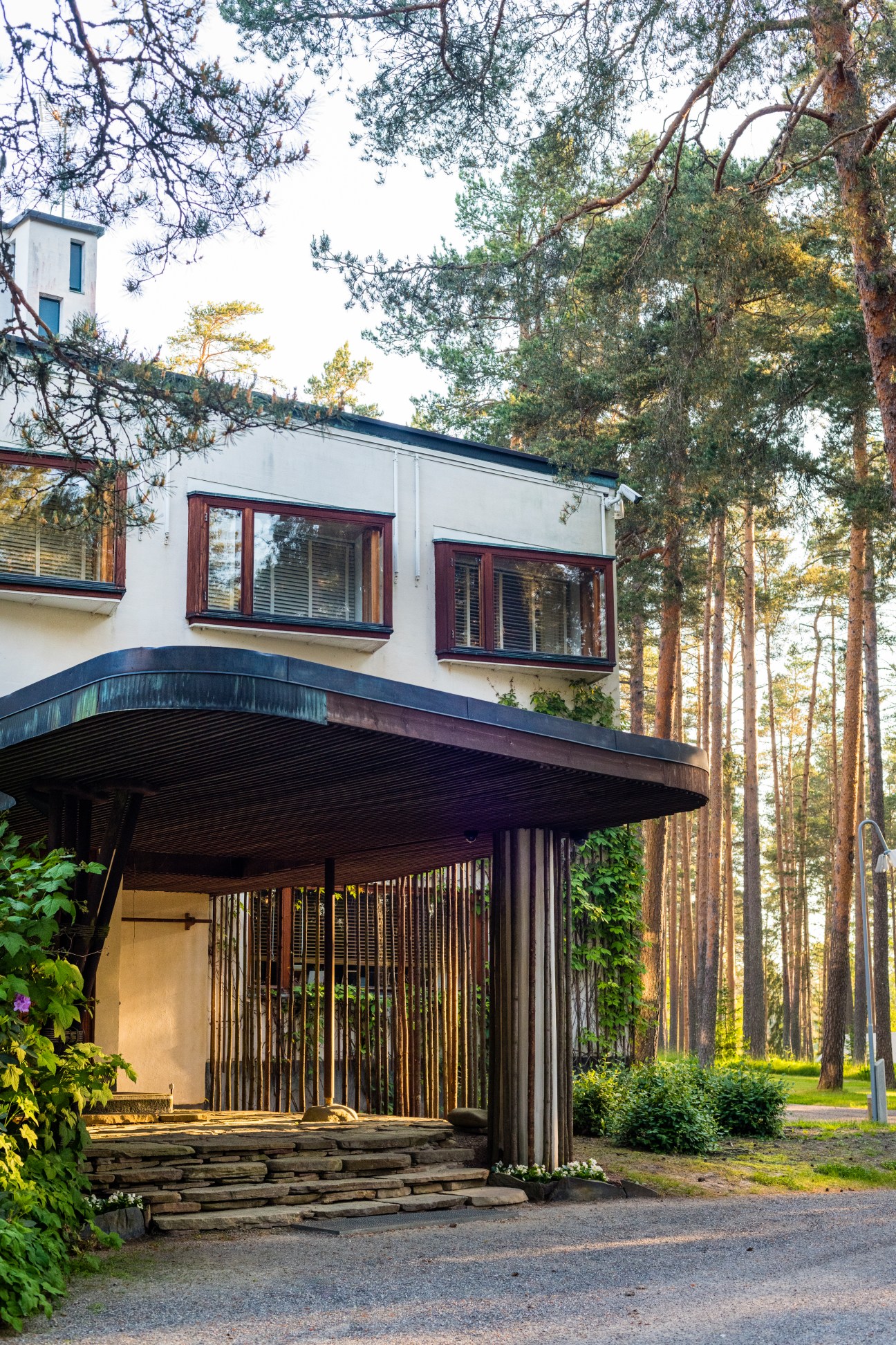 Exterior architectural detail of classic Aalto building showing modernist design elements