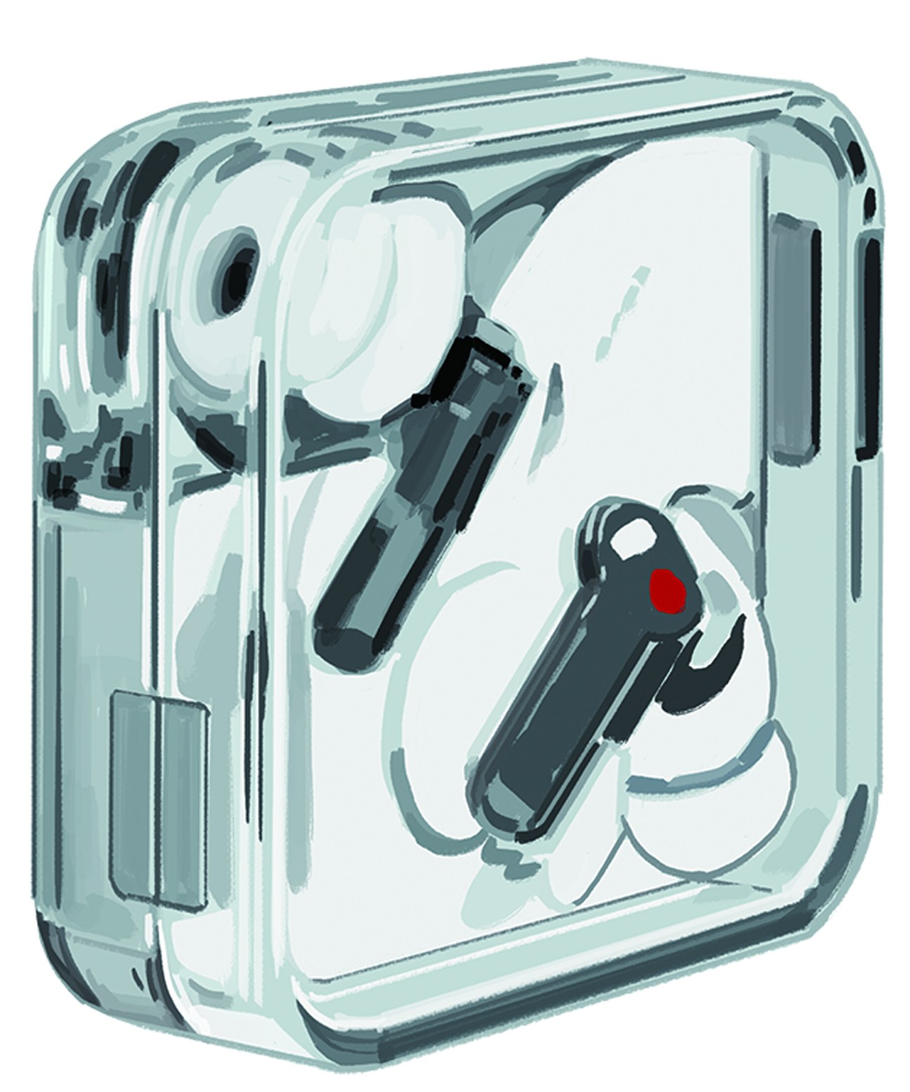 Nothing Ear (2) wireless earbuds in transparent case showing internal components