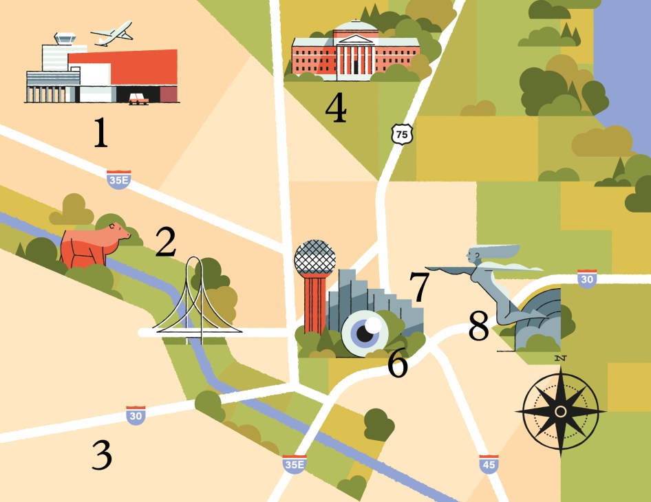 Illustrated map of Dallas showing numbered districts and landmarks with major highways and compass rose