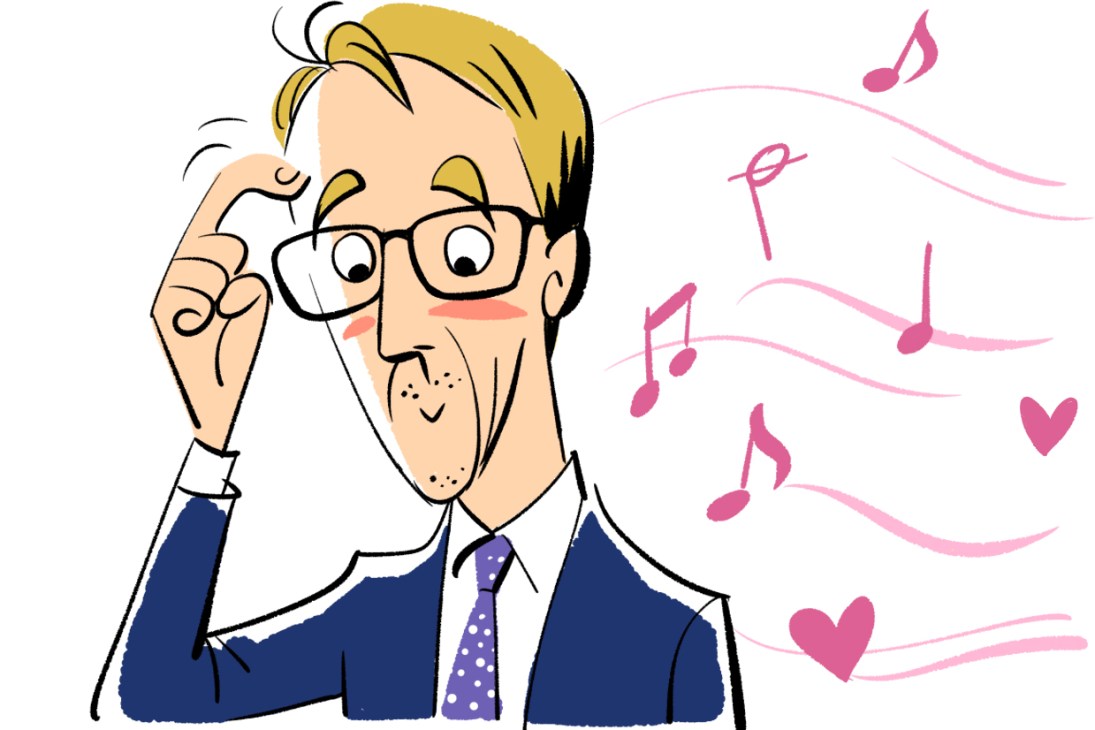 Cartoon illustration of a man with glasses and yellow hair in a suit with musical notes and hearts around him.