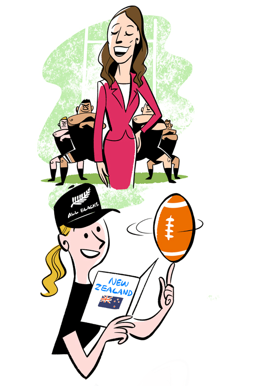 Illustration showing a woman in a pink business suit standing confidently with a briefcase, and below her a person in black holding a New Zealand flag and rugby ball
