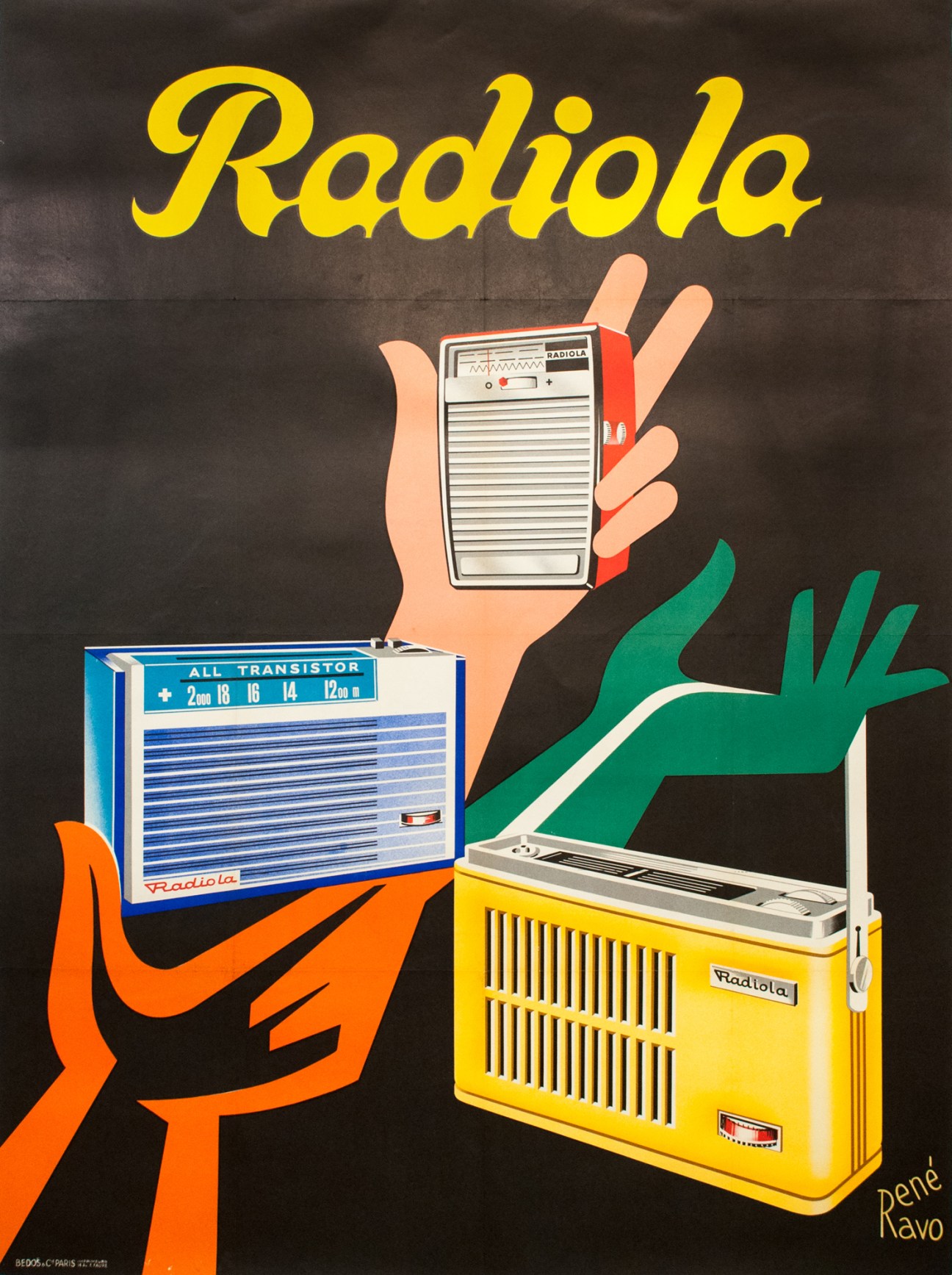 1960 René Ravo poster for Radiola featuring colorful hands holding vintage transistor radios
