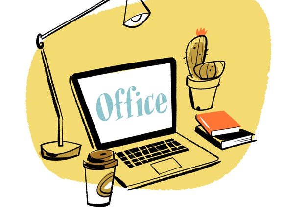 Illustration of a laptop displaying 'Office' surrounded by desk items including a desk lamp, coffee cup, cactus plant and books on a yellow background.