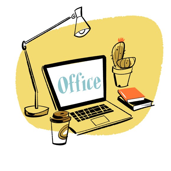 Illustration of a laptop displaying 'Office' surrounded by desk items including a desk lamp, coffee cup, cactus plant and books on a yellow background.