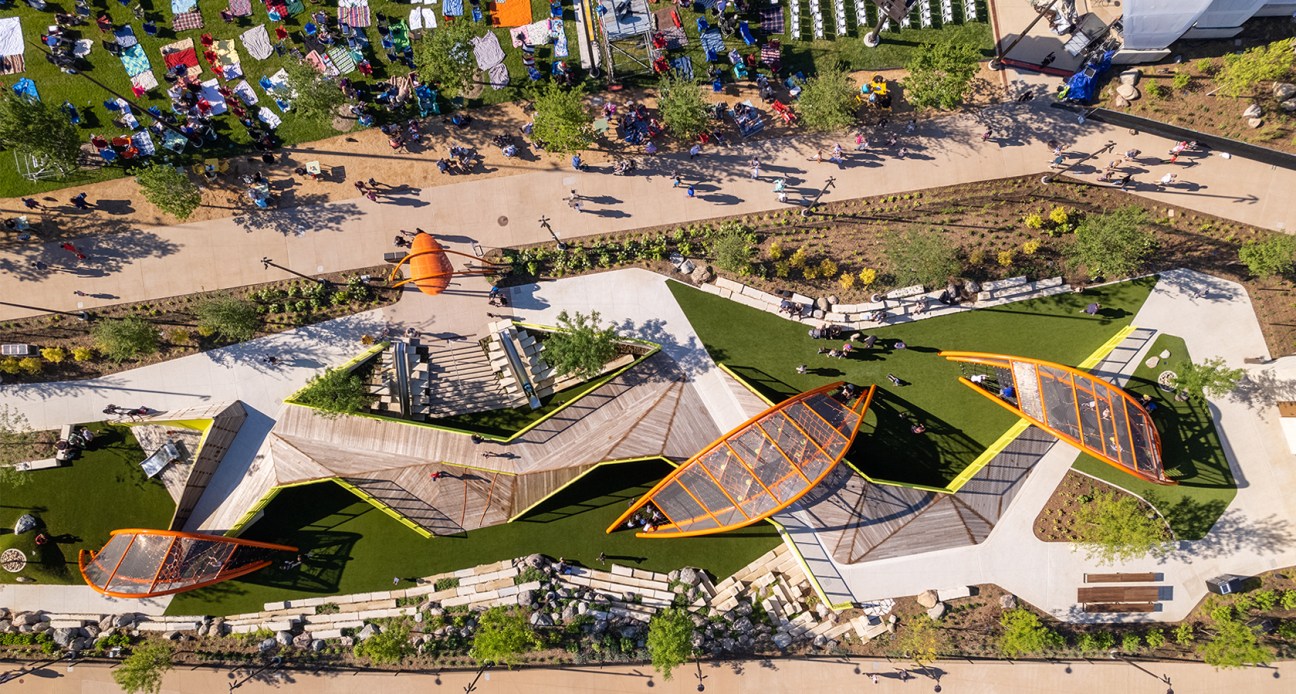 Gene Leahy Mall transformed urban park in Omaha with central lawn and performance pavilion