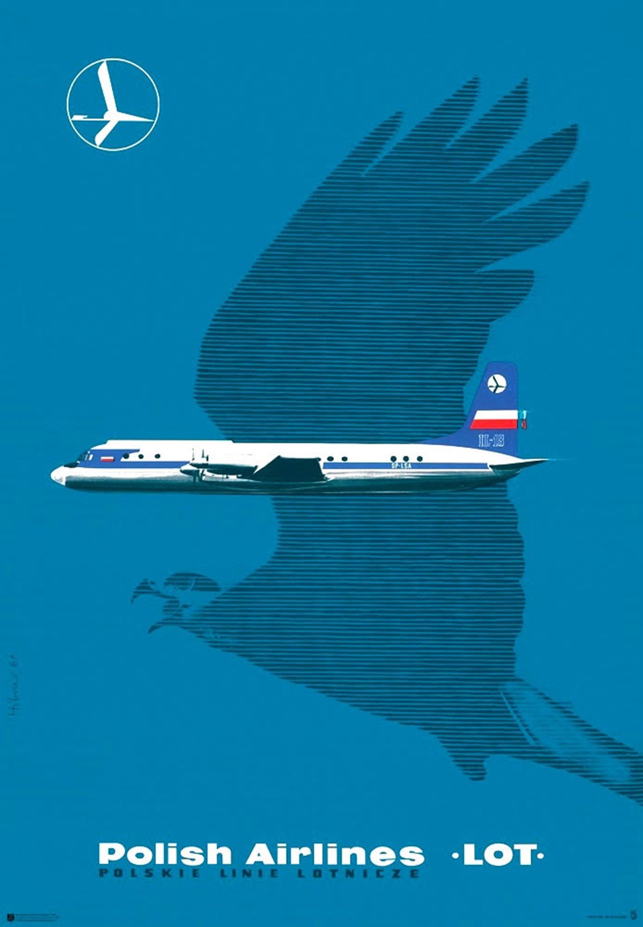 Vintage Polish Airlines LOT poster featuring stylized blue crane silhouette with aircraft design by Hibner Maciej