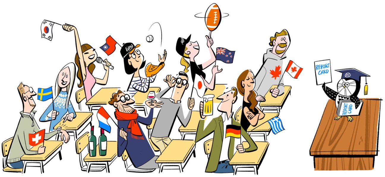 Illustrated classroom scene with students holding various national flags while a teacher holds a report card