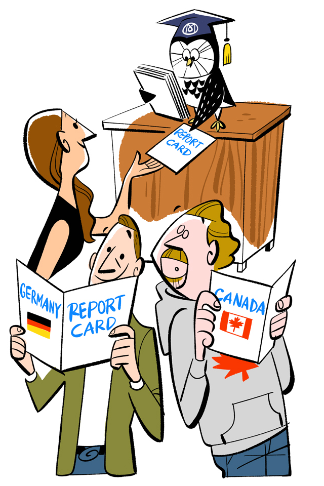 Cartoon showing teacher owl with graduation cap giving report cards to students representing Germany and Canada