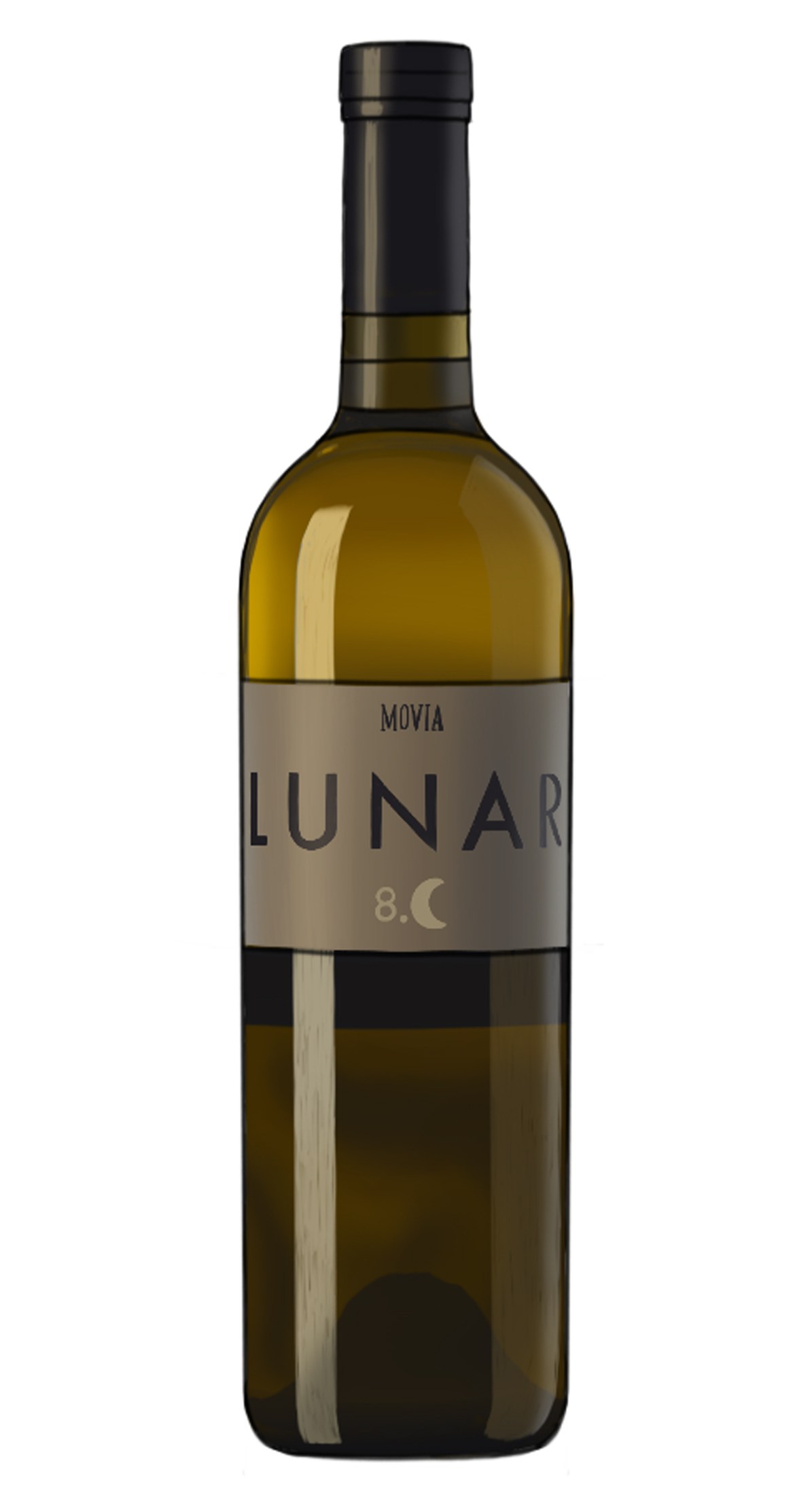 Bottle of Movia Lunar 8 orange wine from Slovenia with pale golden liquid and grey label.