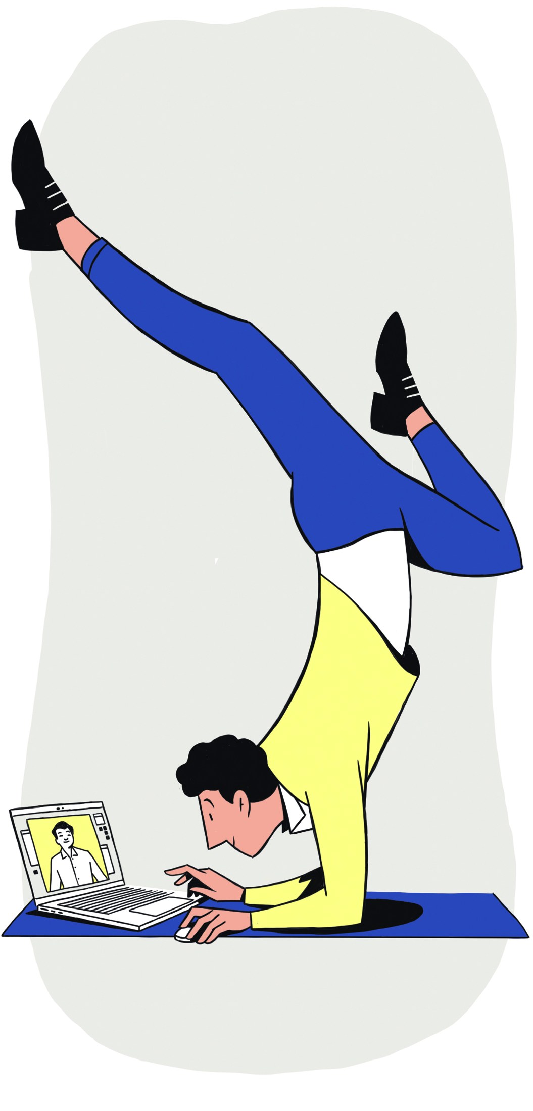 Illustration of a person in a yellow jacket and blue pants doing a handstand while using a laptop.