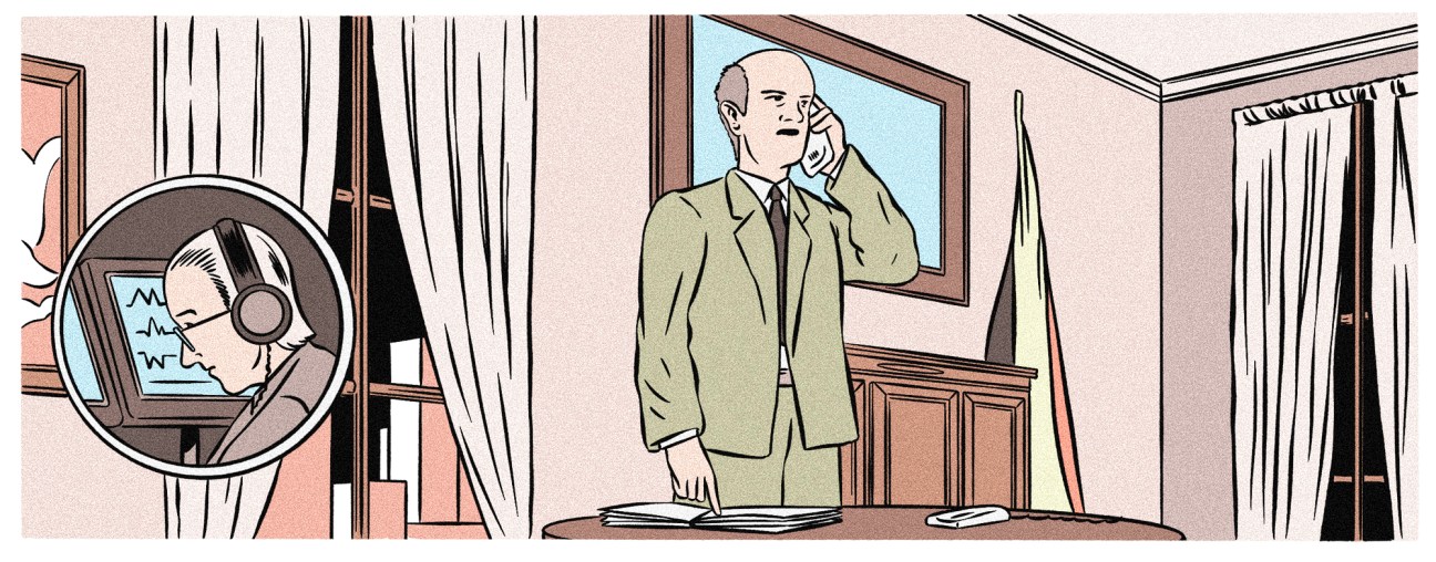 Illustration showing a man in suit speaking on phone in an office while being watched through surveillance equipment