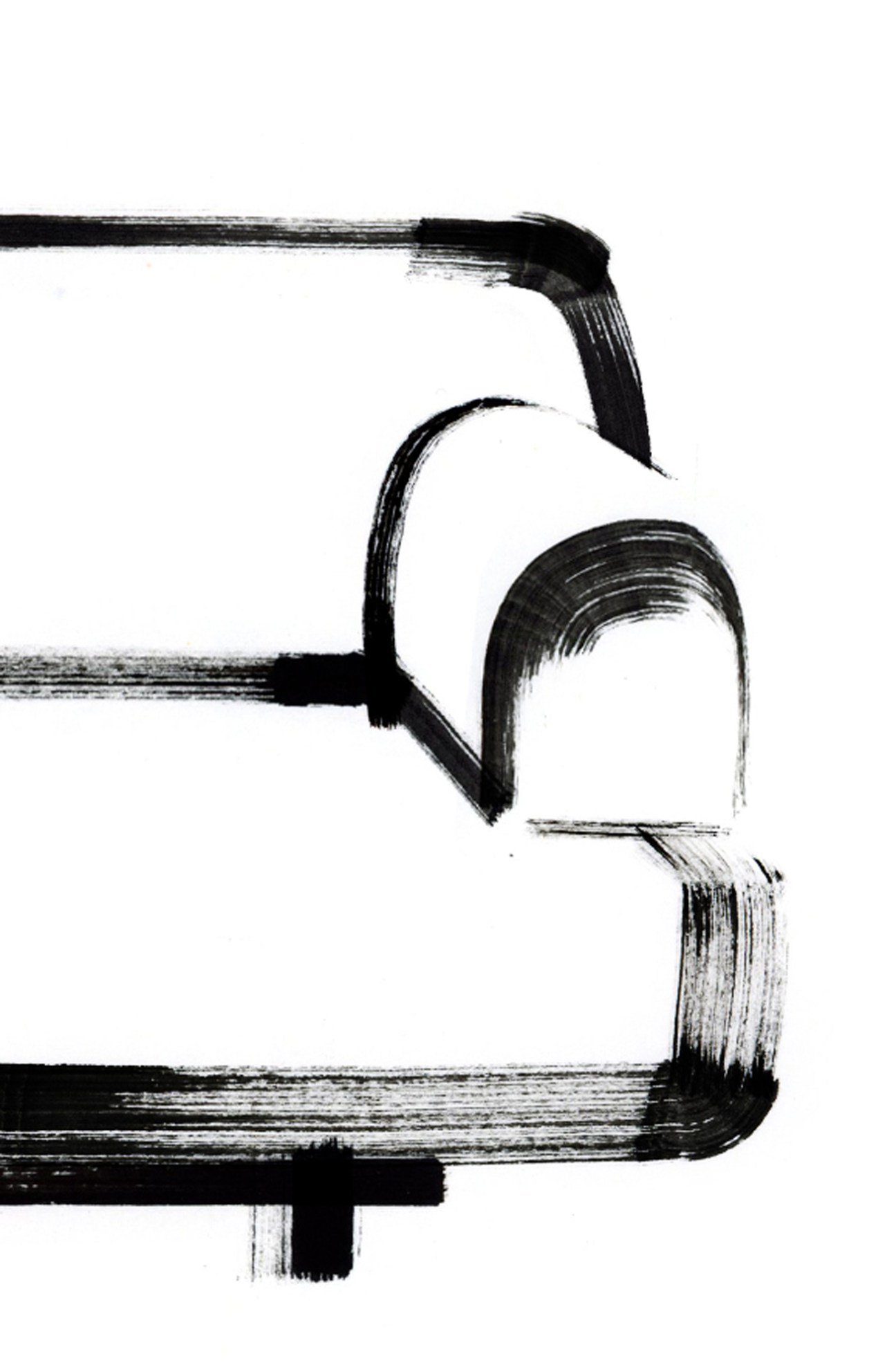 Abstract black brushstroke artwork on white background showing curved and angular geometric forms