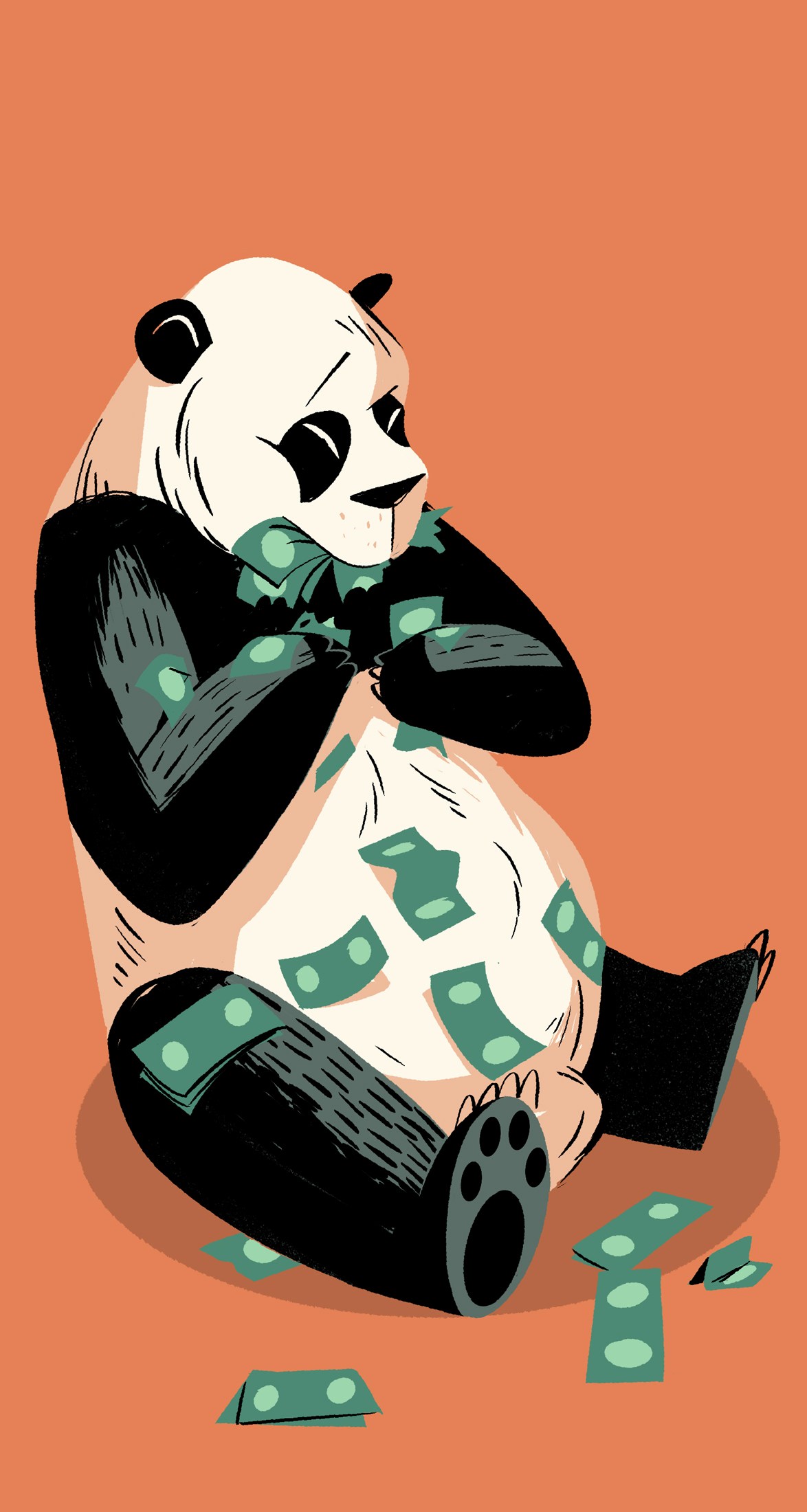 Illustrated panda sitting surrounded by scattered money bills on orange background