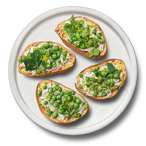 Four open-faced toasts topped with green peas, microgreens and what appears to be crab salad on a white plate