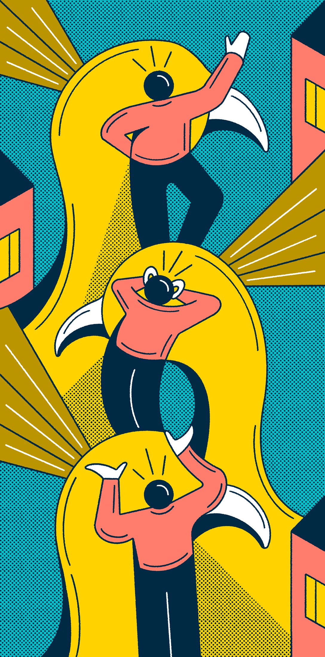 Three illustrated figures celebrating with raised arms in yellow and coral colors in pop art style
