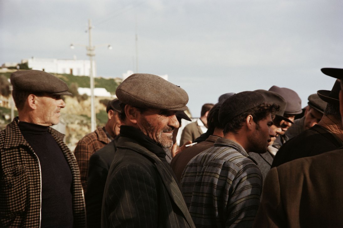 Group of men in flat caps and dark clothing gathered outdoors, photographed from behind in warm natural light