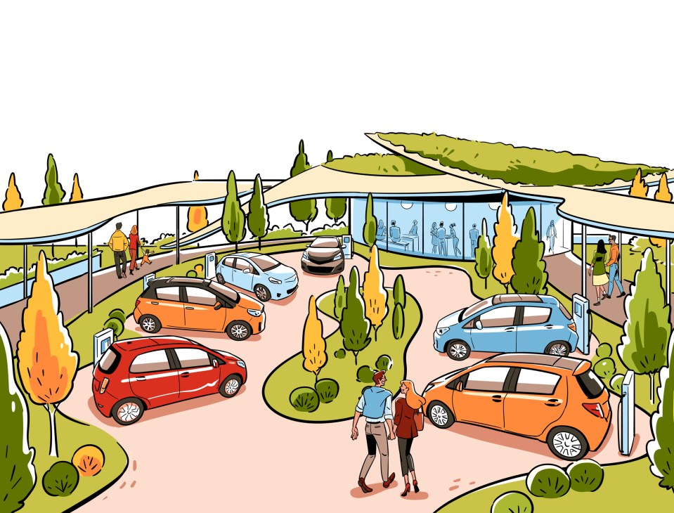 Illustration of a futuristic charging station with curved architecture, solar panels, and people in a landscaped setting