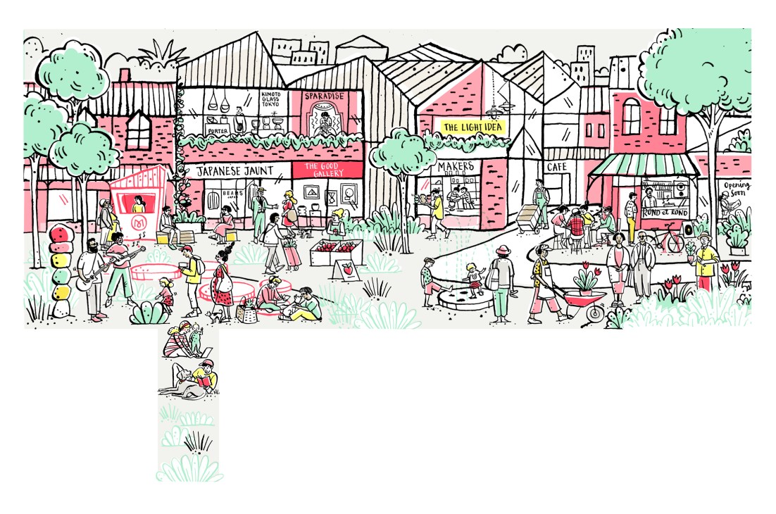 Illustrated retail village with colorful shops, cafes, and people walking through green spaces and plazas