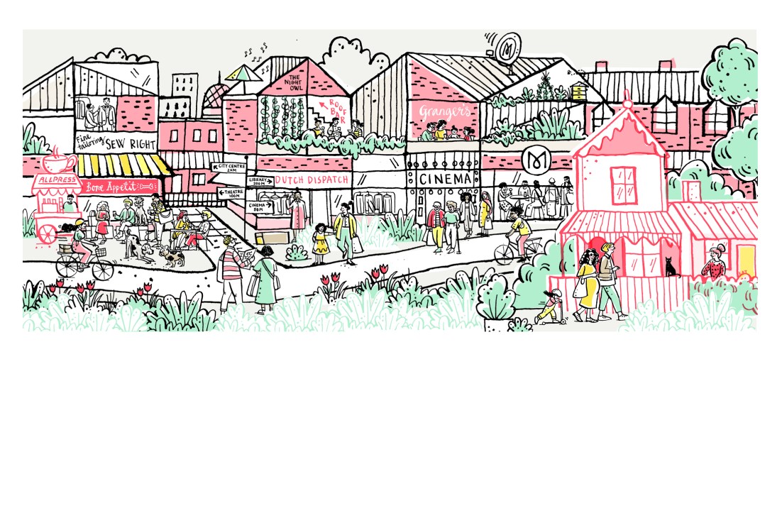 Illustrated retail village with pink buildings, shops, cinema, and people walking through outdoor spaces