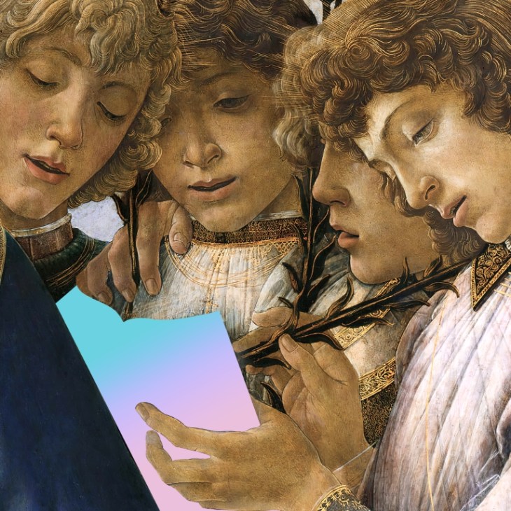 Renaissance-style painting showing three young men with curly hair looking at a glowing modern tablet device