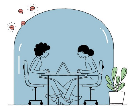 People working in bright, modern co-working space with large windows