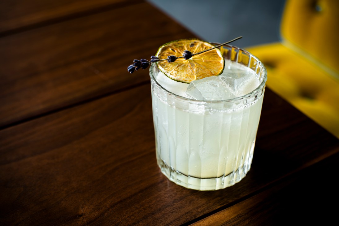 A clear cocktail in a rocks glass garnished with a dried orange wheel and cocktail pick on a wooden table