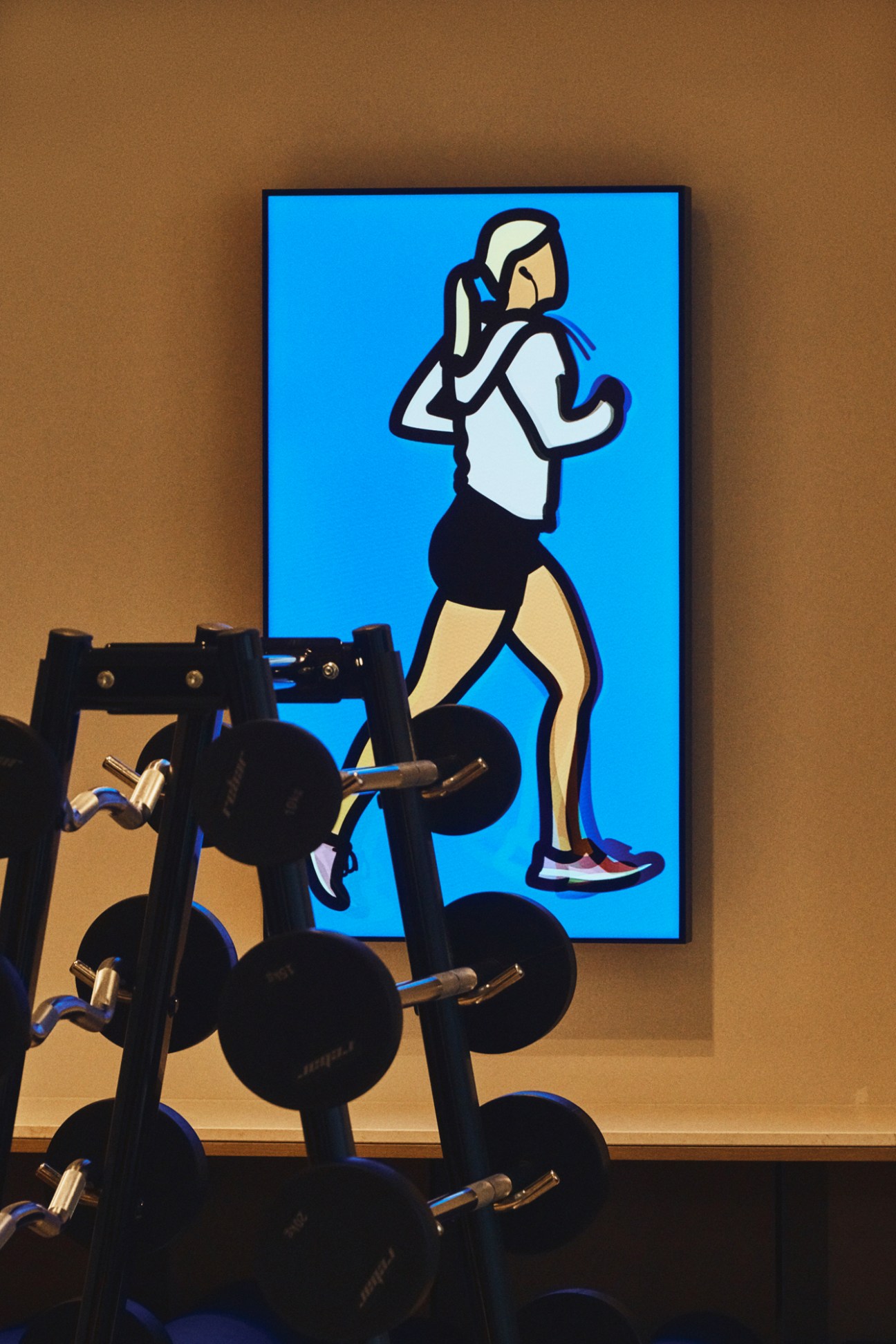 Weights displayed in front of a colorful pop art painting of a woman jogging against a bright blue background.