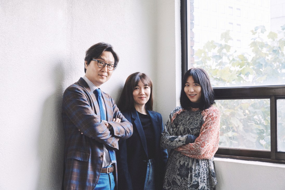 Studio FNT's Jaemin Lee, Heesun Kim and Woogyung Geel pose in their Seoul office