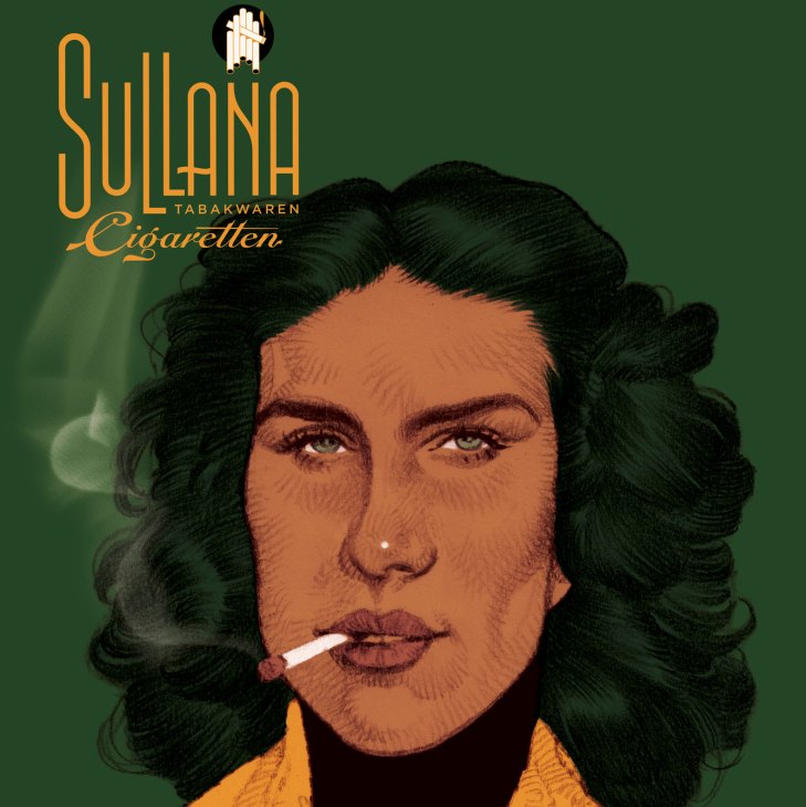 Vintage-style Sullana cigarette advertisement poster featuring illustrated woman with dark curly hair smoking
