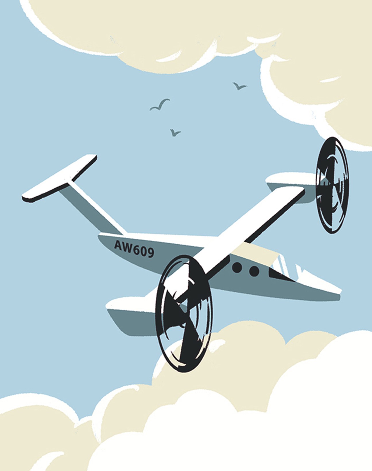 Leonardo AW609 tiltrotor aircraft flying above clouds with helicopter-airplane hybrid propellers