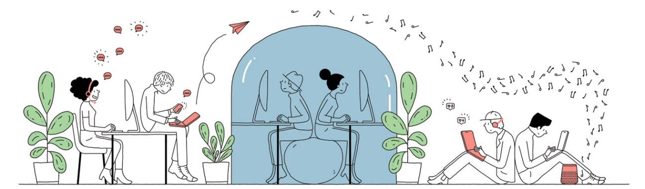 Modern co-working office space with desks and people working