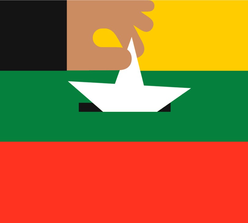 Stylized illustration of Myanmar flag with geometric shapes in yellow, green and red horizontal stripes